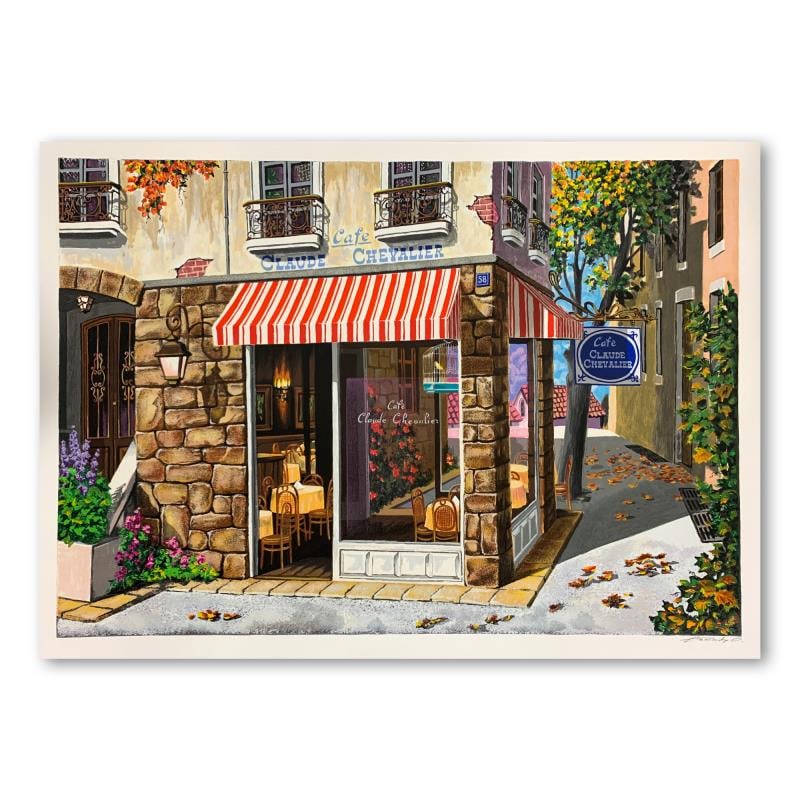 Cafe Claude Chevalier by Ostritzky, Arkady: "Cafe Claude Chevalier" is a limited edition serigraph on paper by Arkady Ostritsky. It is numbered and hand signed and includes a letter of authenticity. Measures approximately 36.5" x 26.5" (image).
