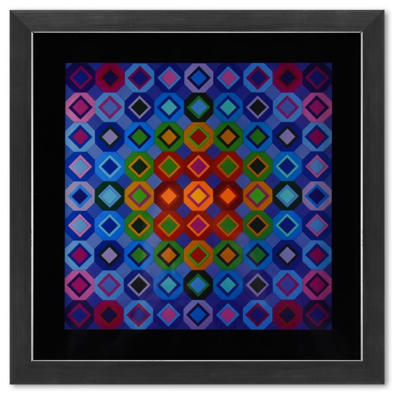 Folkokta de la serie Structures Universelles De L'Octogone by Vasarely (1908-199: "Okta - Stri, Planetary, et Ondocto - Re de la s?rie Structures Universelles De L'Octogone" is a heliogravure print on paper, published in 1975, by Victor Vasarely (1908-1997). This piece comes custom
