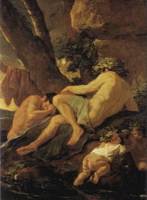 Poussin - Midas Se Purifiant Dans Le Pactole 1626: Artist: Nicolas Poussin - Title: Midas Se Purifiant Dans Le Pactole 1626 - Medium: Fine Art Reproduction Giclee on Canvas - Image Size: Approximately 20 inches x 14.75 inches - Unframed on Unstretched