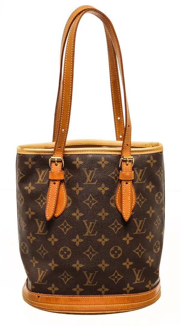 Louis Vuitton Monogram Bucket PM: One Louis Vuitton Monogram Bucket PM. Item is sold AS-IS. All available information is listed in the description and shown in the photo. Louis Vuitton Monogram Bucket PM with coated canvas exterior, b