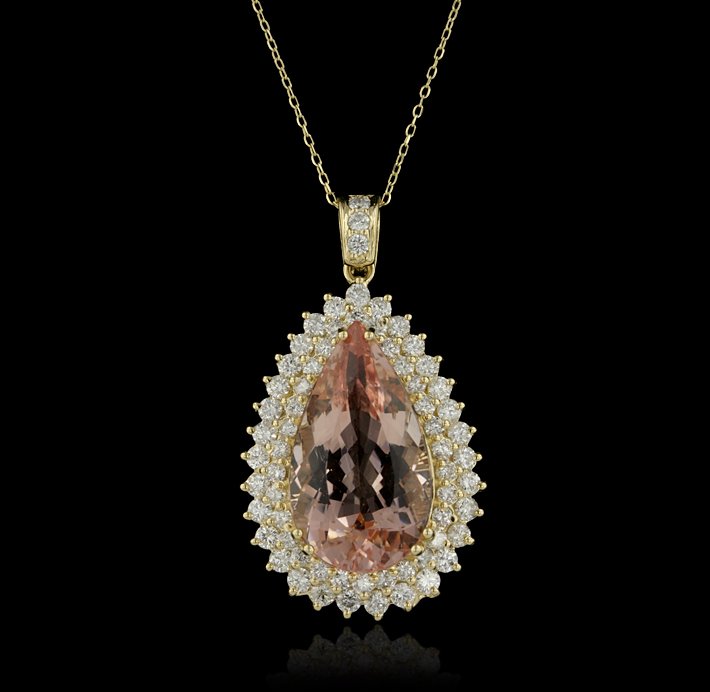 14KT Yellow Gold 20.00ct Morganite and Diamond Pendant : 14KT Yellow Gold 20.00ct Morganite and Diamond Pendant A4312. Excellent Condition! MV9201TC. One electronically tested 18KT yellow gold ladies cast & assembled morganite and diamond pendant with chain