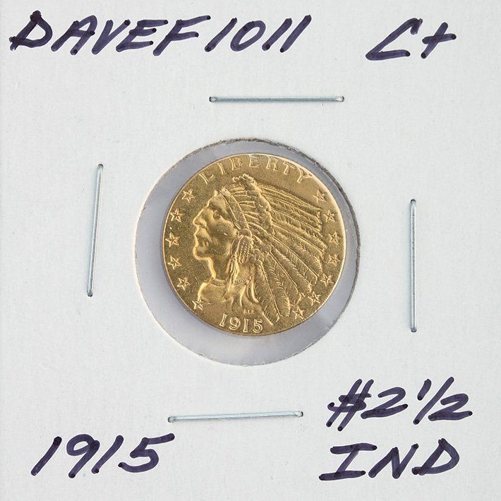 1915 $2 1/2 C+ Indian Head Quarter Eagle Gold Coin Dave: 1915 $2 1/2 C+ Indian Head Quarter Eagle Gold Coin DaveF1011. As-Is Condition! QH962RG. One 1915 $2 1/2 C+ Indian Head Quarter Eagle Gold Coin. Thank you for viewing this lot! We are always adding new