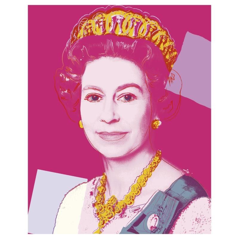 Queen Elizabeth II by Sunday B. Morning: Andy Warhol, "Queen Elizabeth II of the United Kingdom 336" is a limited edition silk screen print on museum board from Sunday B Morning featuring the works of Andy Warhol. The piece is stamped in blu