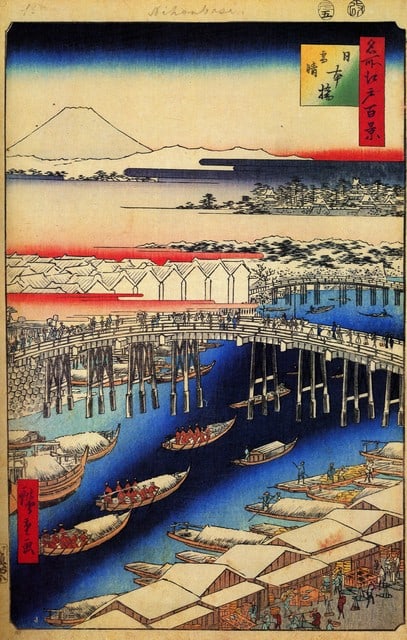 Hiroshige Nihonbashi, Clearing After Snow: Artist: Utagawa Hiroshige - Title: Nihonbashi, Clearing After Snow - Medium: Fine Art Giclee on Canvas - Image Size: Approximately 20 inches x 12.75 inches - Unframed on Unstretched Canvas - Biography