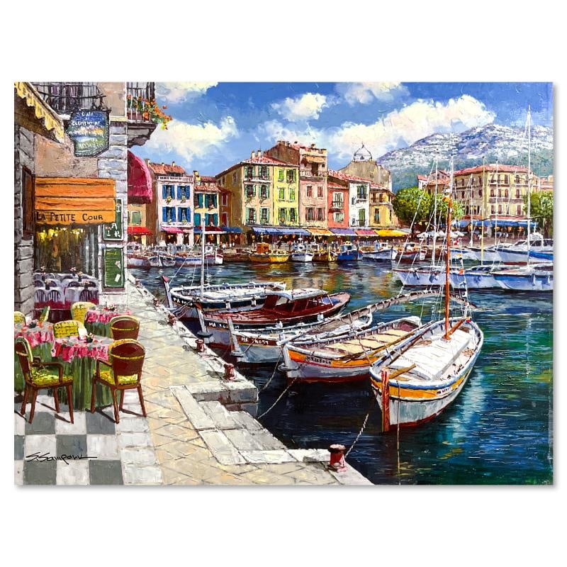 Cafe in Cassis by Park, S. Sam: "Cafe in Cassis" is a hand embellished limited edition publisher's proof on stretched canvas by Sam Park, numbered and hand signed by the artist. Includes Letter of Authenticity. Measures approx. 18"