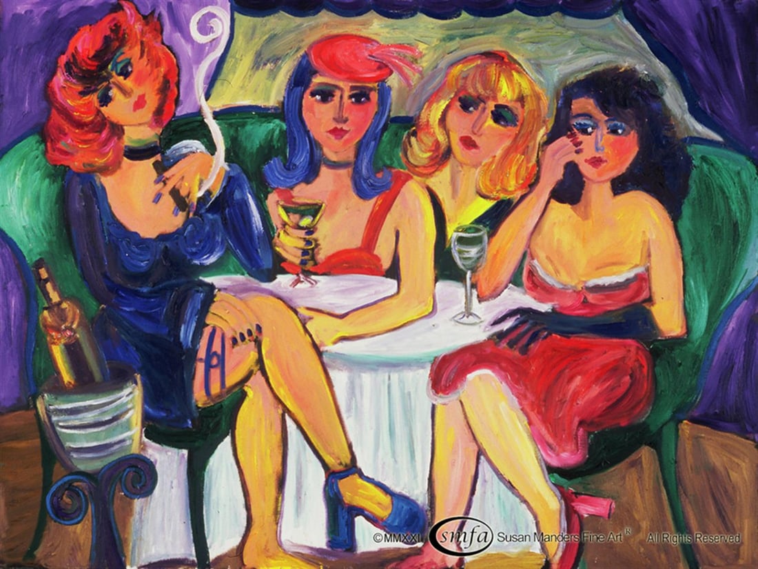 Susan Manders ORIGINAL "Universe is my Oyster": Susan Manders Original "Universe is my Oyster" is a 48x36" original oil on canvas. It's Girls on patrol . Now where is Mr.Right? Susan Manders Original was only the 2nd Woman selected as a US Olympic 
