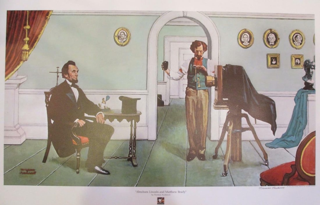 Norman Rockwell "Abraham Lincoln & M. Brady": Norman Rockwell "Abraham Lincoln & M. Brady" Facsimile Signed Lithograph Dimensions: 38 x 25 inches