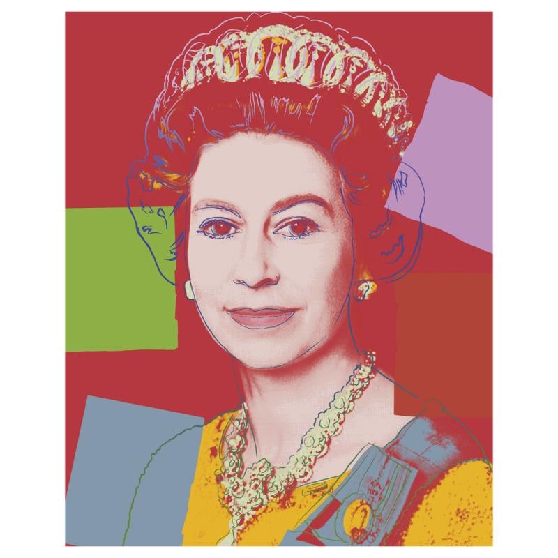 Queen Elizabeth II by Sunday B. Morning: Andy Warhol, "Queen Elizabeth II of the United Kingdom 334" is a limited edition silk screen print on museum board from Sunday B Morning featuring the works of Andy Warhol. The piece is stamped in blu