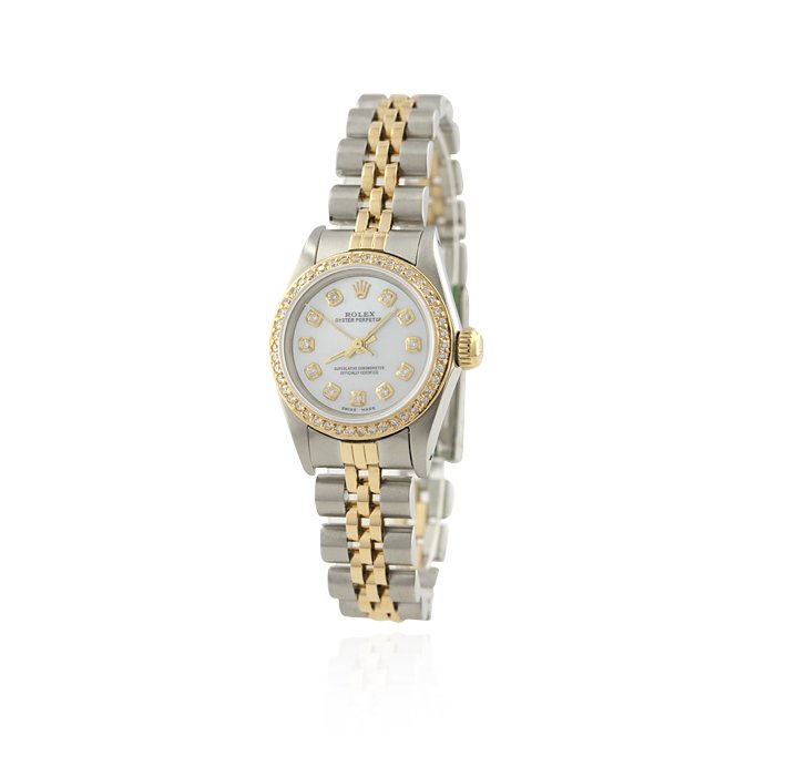 Ladies Rolex Oyster Perpetual Two-Tone MOP and Diamond : Ladies Rolex Oyster Perpetual Two-Tone MOP and Diamond Watch GB355. Good Condition! FJ9592YJ. One ladies Rolex Oyster Perpetural 18KT yellow gold and stainless steel mother of pearl and diamond watch.