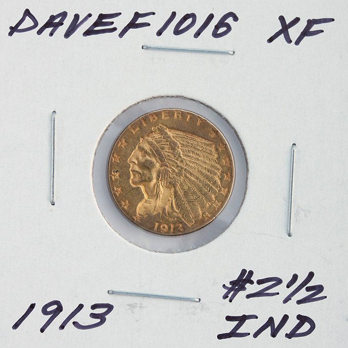 1913 $2 1/2 XF Indian Head Quarter Eagle Gold Coin Dave: 1913 $2 1/2 XF Indian Head Quarter Eagle Gold Coin DaveF1016. As-Is Condition! JF992QZ. One 1913 $2 1/2 XF Indian Head Quarter Eagle Gold Coin. Thank you for viewing this lot! We are always adding new