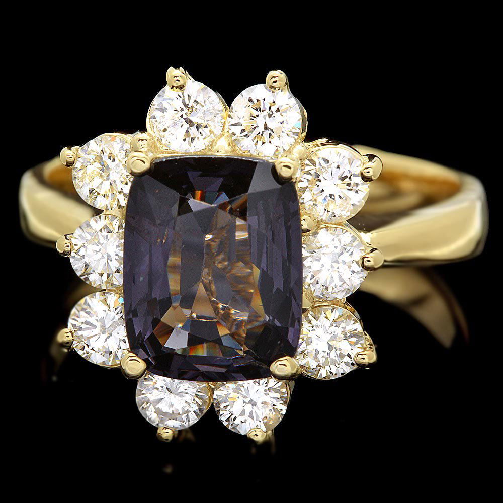 14KT Yellow Gold 2.50ct Spinel and Diamond Ring A4373: 14KT Yellow Gold 2.50ct Spinel and Diamond Ring A4373. Excellent Condition! WV914LM. Metal: 14k Solid Yellow Gold. Face Measurements: 13 x 16mm. Size: 7.5. Shank Width: 3mm. Finish: Bright Polish. Tot