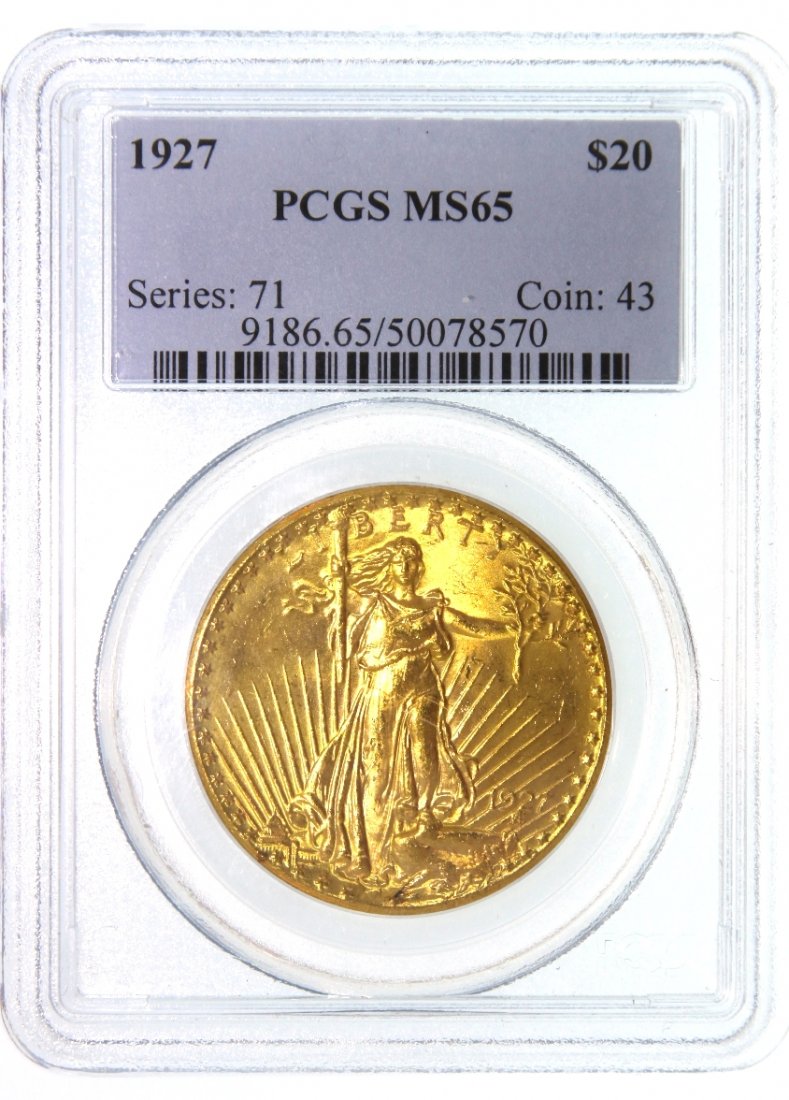 1927 $20 PCGS MS65 Saint Gaudens Double Eagle Gold Coin: 1927 $20 PCGS MS65 Saint Gaudens Double Eagle Gold Coin GFR39. As-Is Condition! HG5791IM. One 1927 $20 PCGS MS65 Saint Gaudens Double Eagle Gold Coin. Thank you for viewing this lot! We are always add