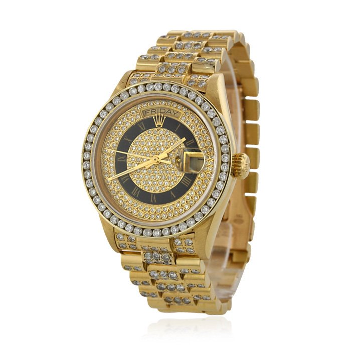 Rolex 18KT Yellow Gold President DayDate Diamond Wristw: Rolex 18KT Yellow Gold President DayDate Diamond Wristwatch A4323. Good Condition! KG9679UX. One gents, hand crafted & machine milled Rolex DayDate Model wristwatch the President electronically tested