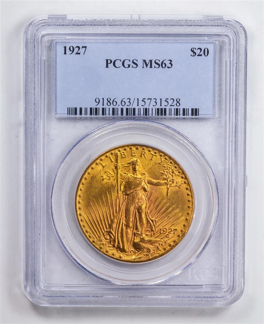 1927 $20 Double Eagle Gold Coin PCGS MS63: One 1927 $20 Double Eagle Gold Coin PCGS MS63.