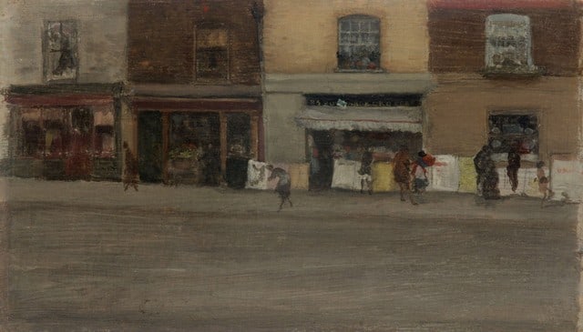 Whistler - Chelsea Shops: Artist: James Abbott McNeill Whistler - Title: Chelsea Shops - Medium: Fine Art Giclee on Canvas - Image Size: Approximately 11.5 inches x 20 inches - Framed: Unframed on Unstretched Canvas - Biograph