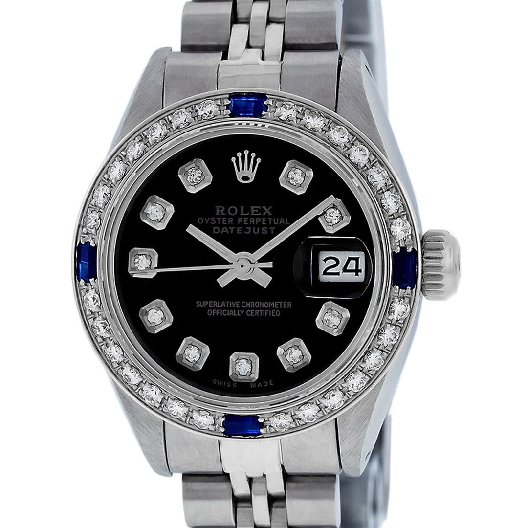 Rolex Ladies Stainless Steel Black Diamond And Sapphire Wristwatch: One Ladies Rolex Pre Owned Stainless Steel Wristwatch Polished Bright with Satin Finish, Serviced And Electronically Tested, Stainless Steel Case: 26mm, Stainless Steel Crown, Custom Bezel: New 18K Wh