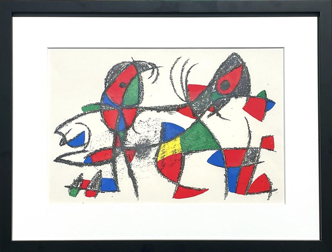 Joan Miro Abstract IX: This is an original stone lithograph, circa 1975, by Joan Miro. It is a 21 x 14 inch lithograph and comes framed at 21 1/4 x 27" IFPDA Certificate of Authenticity upon Sale.