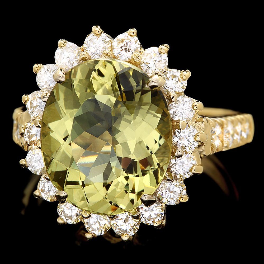 14KT Yellow Gold 5.50ct Beryl and Diamond Ring A4376: 14KT Yellow Gold 5.50ct Beryl and Diamond Ring A4376. Excellent Condition! JD984PO. Metal: 14k Solid Yellow Gold. Face Measurements: 16 x 18mm. Size: 6.75. Shank Width: 2mm. Finish: Bright Polish. Tot