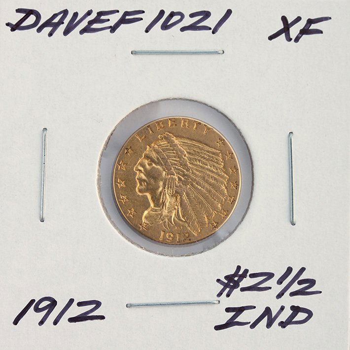 1912 $2 1/2 XF Indian Head Quarter Eagle Gold Coin Dave: 1912 $2 1/2 XF Indian Head Quarter Eagle Gold Coin DaveF1021. As-Is Condition! JI992KW. One 1912 $2 1/2 XF Indian Head Quarter Eagle Gold Coin. Thank you for viewing this lot! We are always adding new