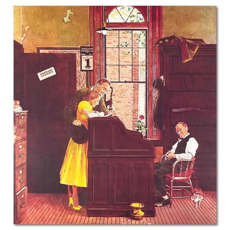 Marriage License by Rockwell (1894-1978): "Marriage License" is a limited edition offset lithograph on paper by Norman Rockwell (1894-1978), numbered inverso. Includes Letter of Authenticity. Measures approx. 21" x 23" (image). ** Please note