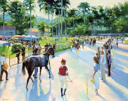 Day at the Races by Howard Behrens: They are off & running in this limited edition, signed and numbered serigraph on paper by Howard Behrens, with COA. 30 x 40