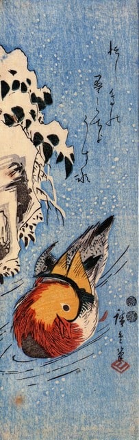 Hiroshige Mandarin Duck on a Lake: Artist: Utagawa Hiroshige - Title: Mandarin Duck on a Lake - Medium: Fine Art Giclee on Canvas - Image Size: Approximately 32 inches x 10 inches - Unframed on Unstretched Canvas - Biography: (1797 - 1