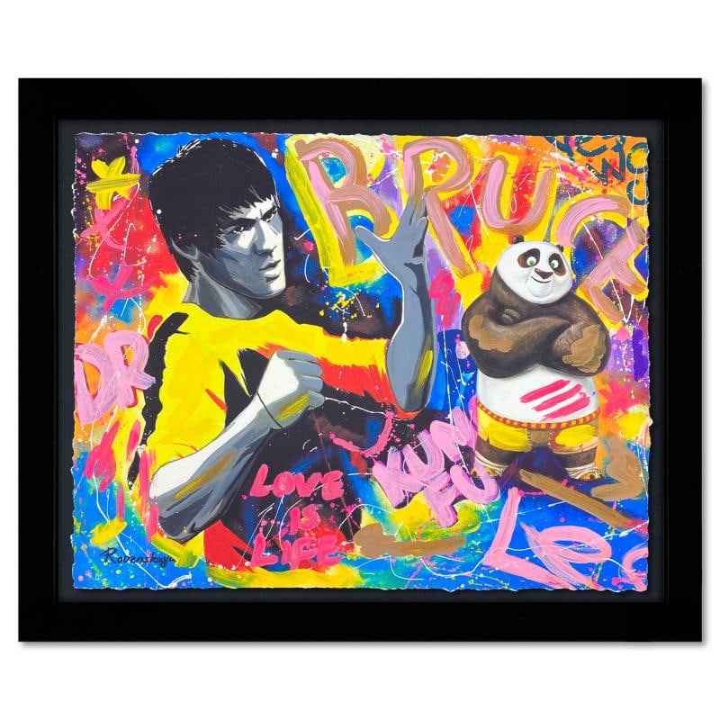 Bruce Lee & Kung Fu Panda by Rovenskaya Original: "Bruce Lee & Kung Fu Panda" is a one-of-a-kind mixed media on deckle edge paper by Nastya Rovenskaya, Hand signed by the artist. This piece comes floating in a custom frame. Includes Letter of Authent