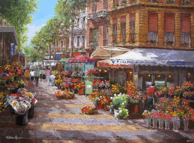 Sam Park "BARCELONA FLOWER MARKET": Sam Park "BARCELONA FLOWER MARKET" Hand Signed and Numbered Limited Edition Embellished Giclee on Canvas Dimensions: 24 x 32 inches (Note: edition number received may differ from photo)