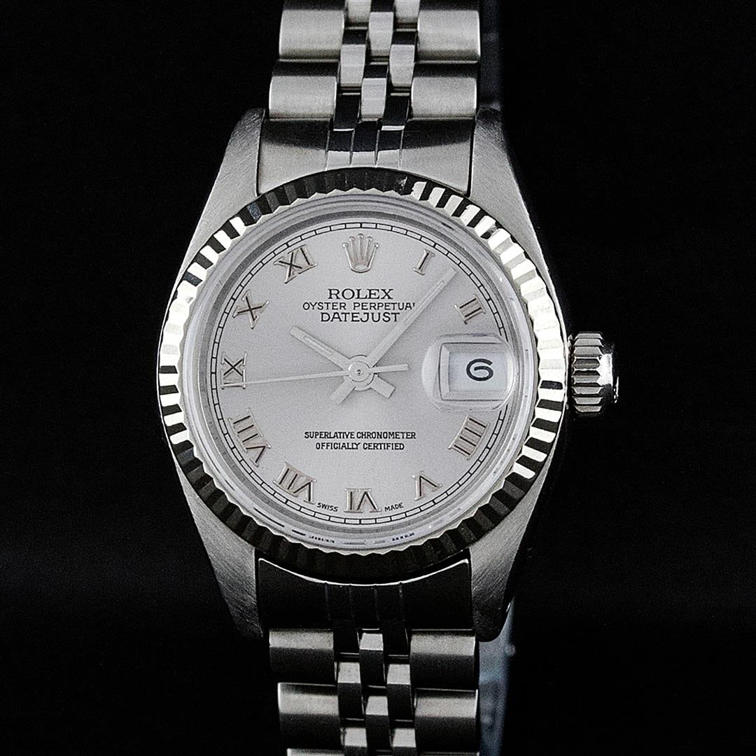 Rolex Ladies Stainless Steel Slate Grey Roman 26MM With Jubilee Band: One Ladies Pre Owned Stainless Steel Rolex Polished Bright with Satin Finish, Serviced & Electronically Tested, Rolex Stainless Steel Case: 26mm, Rolex Stainless Steel Crown, Rolex Bezel: 14K White Go