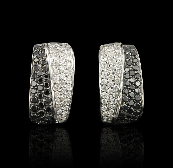 18KT White Gold Black and White Diamond Earrings HM73: 18KT White Gold Black and White Diamond Earrings HM73. Good Condition! RJ9021SV. One pair of earrings featuring: 9.40gm of 18KT white gold and black and white diamonds. Thank you for viewing this lot!