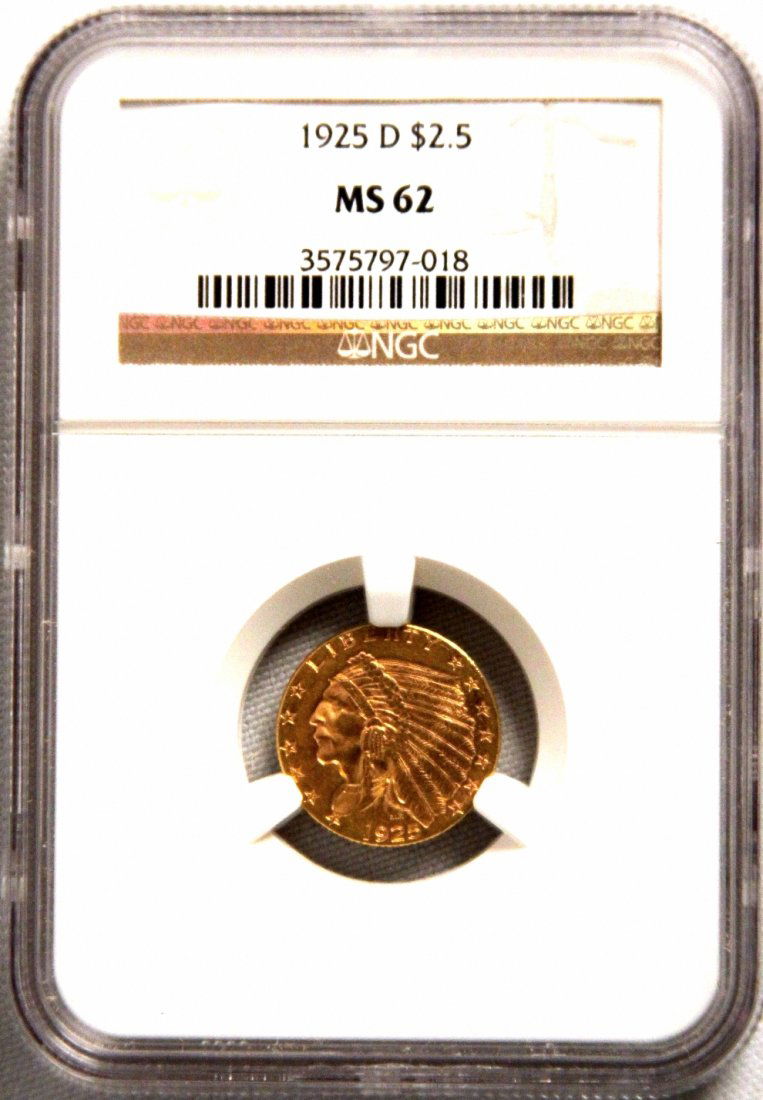 1925-D $2 1/2 NGC MS62 Indian Head Quarter Eagle Gold C: 1925-D $2 1/2 NGC MS62 Indian Head Quarter Eagle Gold Coin DAVEF811. As-Is Condition! WG104XT. One 1925-D $2 1/2 NGC MS62 Indian Head Quarter Eagle Gold. Thank you for viewing this lot! We are always