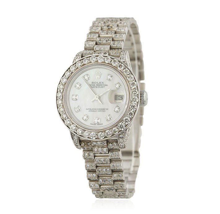 Ladies Rolex President 18KT White Gold Diamond DateJust: Ladies Rolex President 18KT White Gold Diamond DateJust Wristwatch A4320. Good Condition! TM1108PC. One ladies, Rolex Lady President, the DateJust model wristwatch electronically tested 18KT white gol