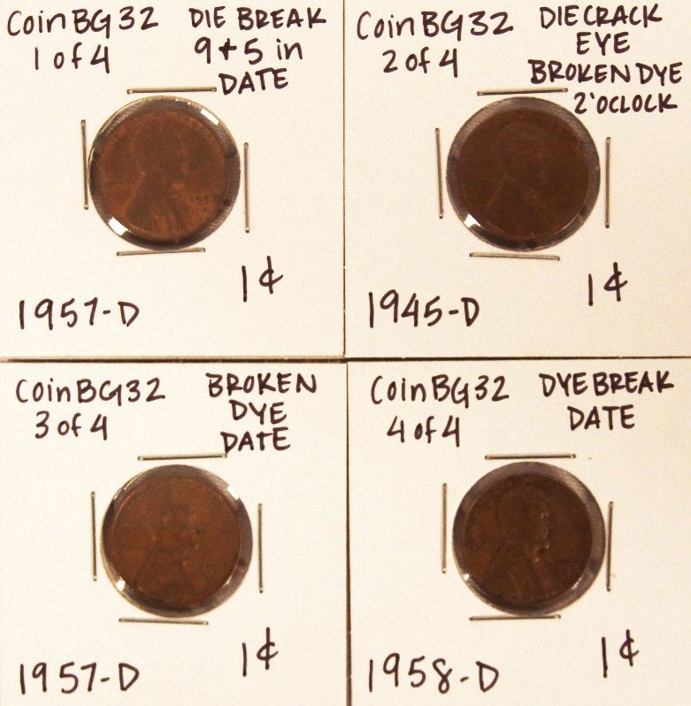Assorted Lot of 4 Misc Die Breaks CoinBG32: Assorted Lot of 4 Misc Die Breaks CoinBG32. As-Is Condition! HE61ML. Assorted Lot of 4 Misc Die Breaks. Thank you for viewing this lot. We are always adding new inventory and new auctions, so check ba
