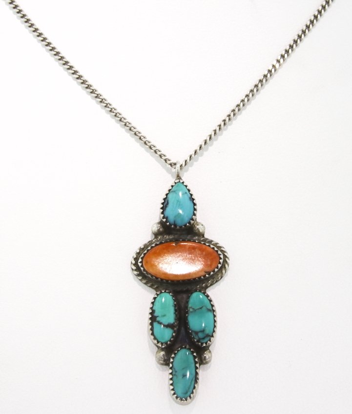 Designer Ron Wesley Turquoise and Coral Pendant Signed : Designer Ron Wesley Turquoise and Coral Pendant Signed ED1192. Great Condition! FJ101ML. Jewelry by Ron Wesley Taos New Mexico, this wonderful piece is hand made of sterling silver, turquoise and cora