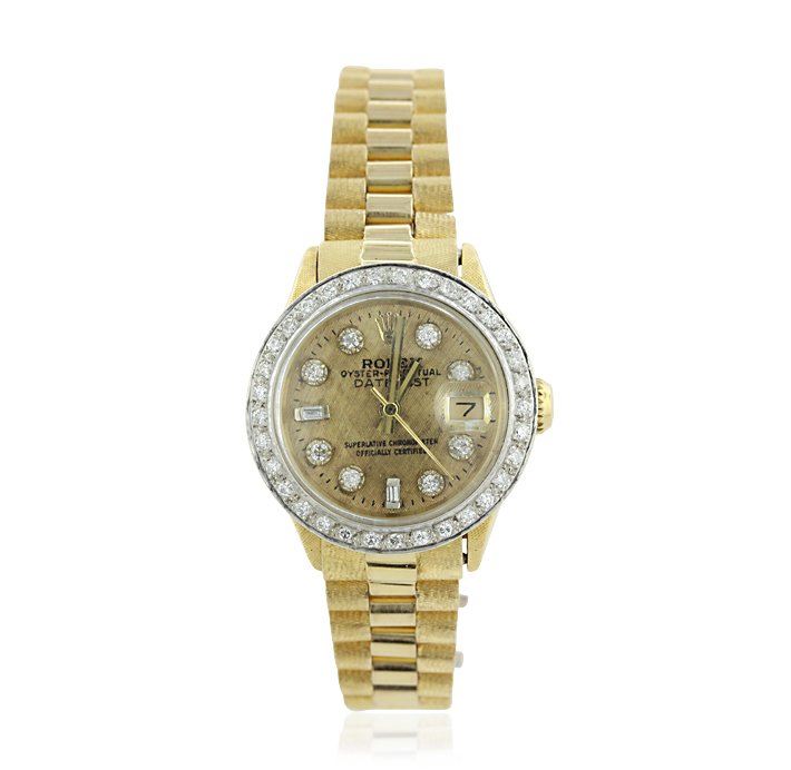 Ladies Rolex DateJust 18KT Yellow Gold Diamond Wristwat: Ladies Rolex DateJust 18KT Yellow Gold Diamond Wristwatch A4385. Good Condition! VL9504PC. One ladies, hand crafted & machine milled rolex lady president the datejust model wristwatch electronically t