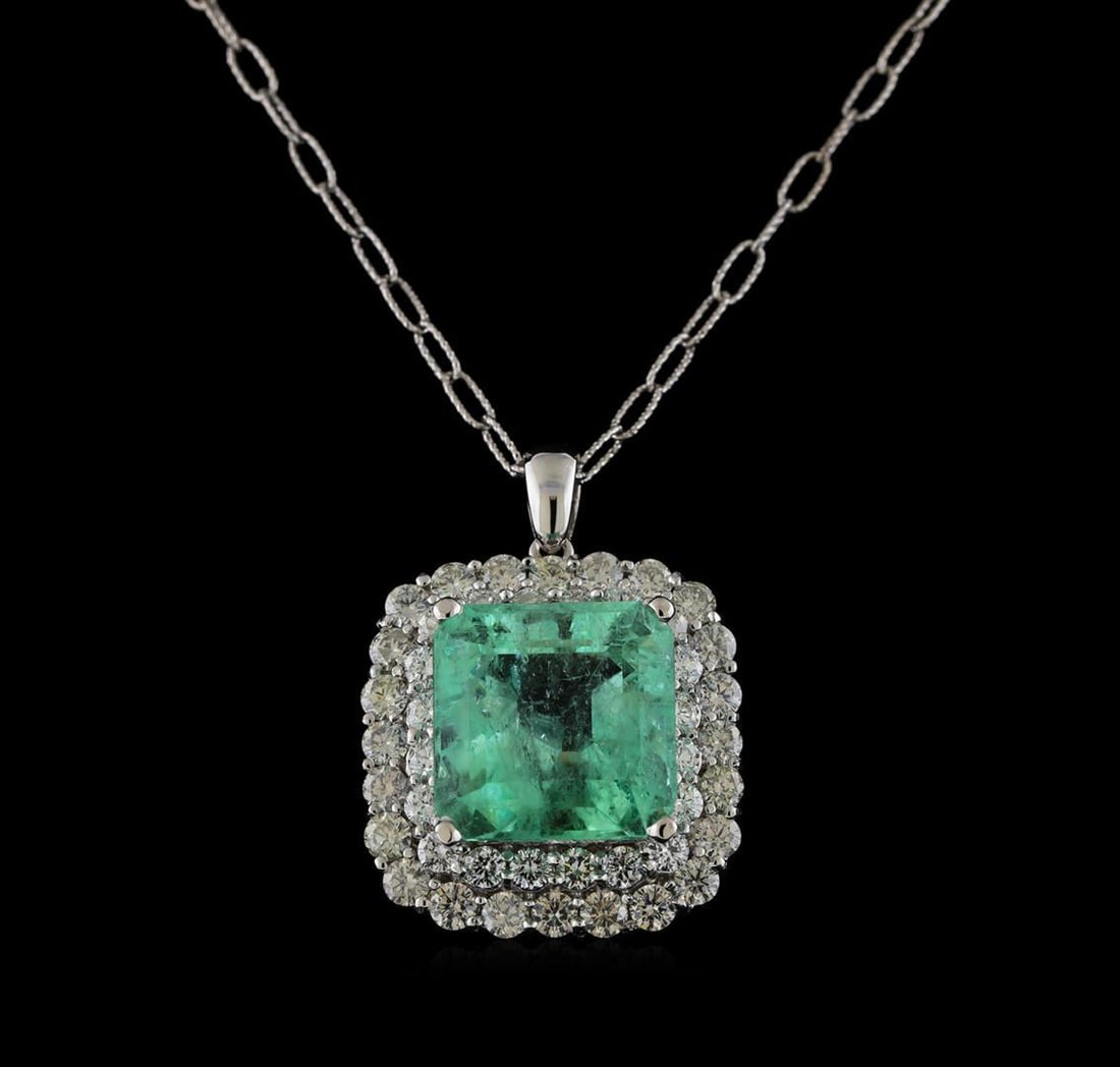 18.09 ctw Emerald and Diamond Pendant With Chain - 14KT White Gold: One electronically tested 14KT white gold lady's combination cast & assembled fashion pendant & chain 20.0' long, 2.5mm twisted oval cable link with a lobster claw clasp with a double basket halo with