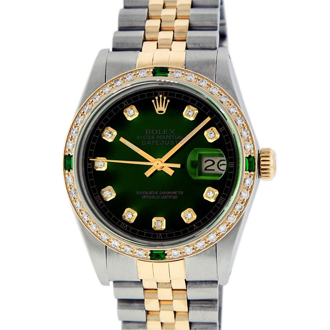 Rolex Mens 2 Tone Green Vignette Diamond Datejust Wristwatch 36MM: One Mens Pre Owned Yellow Gold Two Tone Rolex Datejust Polished, Serviced And Electronically Tested, Rolex Case: Yellow Gold And Stainless Steel Case: 36mm, Rolex Yellow Gold Crown, Custom Bezel: New