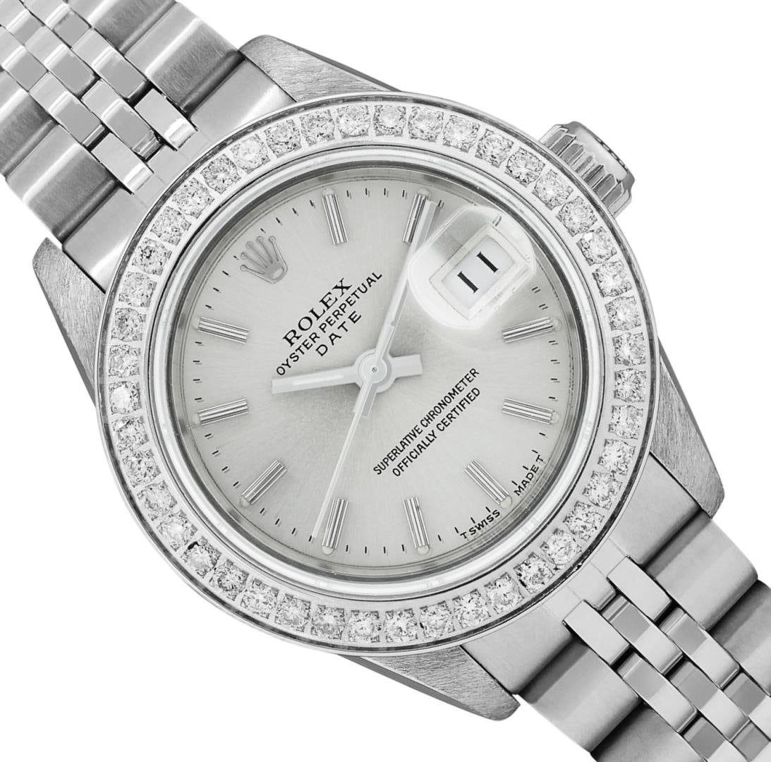 Rolex Ladies Stainless Steel Quickset Silver Index Diamond Bezel Date Watch With: One Rolex Ladies Pre Owned Stainless Steel Date Wristwatch Polished Bright with Satin Finish, Serviced And Electronically Tested, Stainless Steel Case: 26mm, Stainless Steel Crown, Custom Bezel: New S