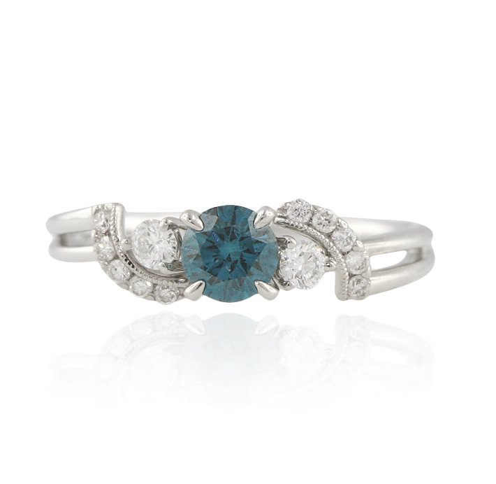 18KT White Gold 0.42ctw Blue and White Diamond Ring FJM: 18KT White Gold 0.42ctw Blue and White Diamond Ring FJM1947. Excellent Condition! JR385BI. One ring containing: 2.90 grams of 18KT White Gold, (1) Blue Diamond weighing 0.42cts, and (12) Round cut Dia