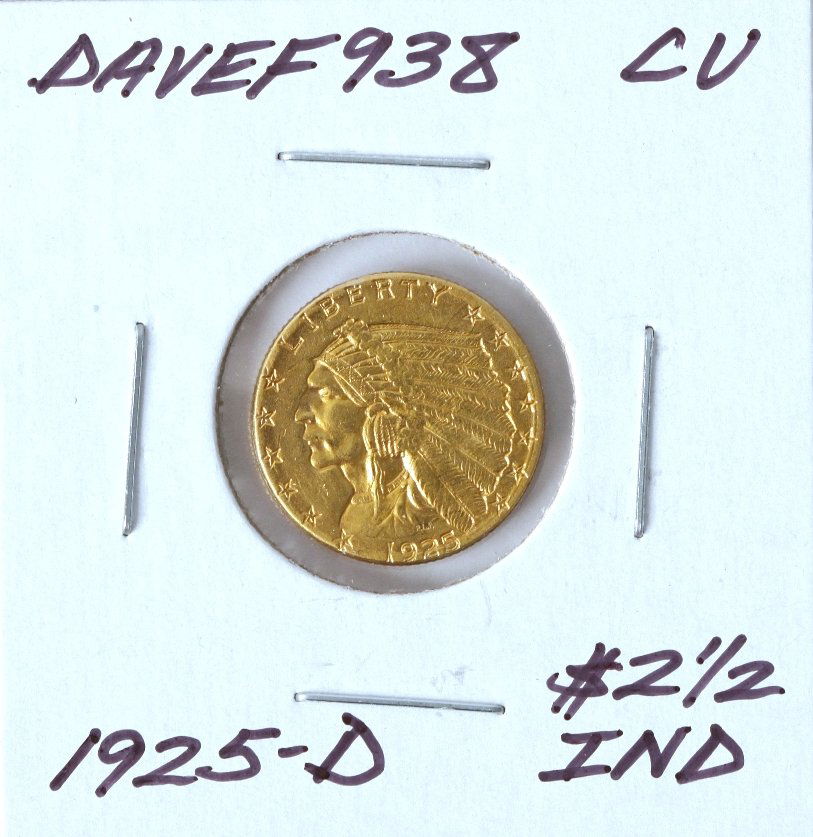 1925-D $2 1/2 CU Indian Head Quarter Eagle Gold Coin Da: 1925-D $2 1/2 CU Indian Head Quarter Eagle Gold Coin DaveF938. As-Is Condition! KI662KZ. One 1925-D $2 1/2 CU Indian Head Quarter Eagle Gold Coin. Thank you for viewing this lot! We are always adding