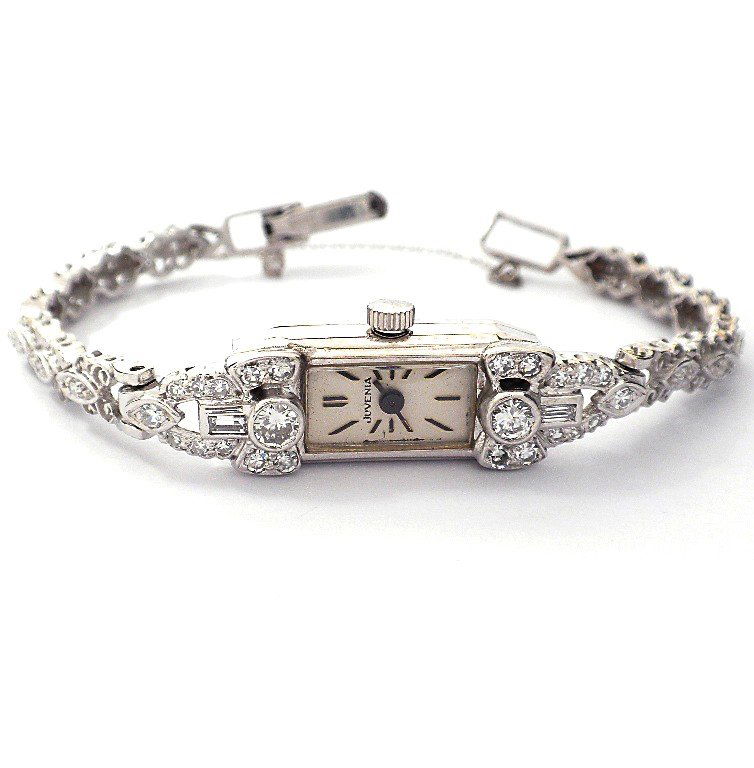 Ladies 14KT White Gold Juvenia Diamond Wristwatch A3582: Ladies 14KT White Gold Juvenia Diamond Wristwatch A3582. Great Condition! IC108ST. One ladies, cast and assembled Juvenia wristwatch electronically tested 14KT white gold. Bezel: diamond. Crystal: acr