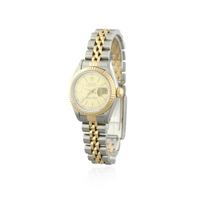 Ladies Rolex Two-Tone DateJust Wristwatch GB341: Ladies Rolex Two-Tone DateJust Wristwatch GB341. Good Condition! RG4002GY. One ladies, hand crafted & machine milled Rolex DateJust Model stainless steel & 18KT yellow gold wristwatch electronically t