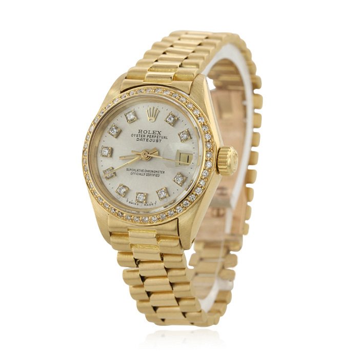 Rolex 18KT Yellow Gold Diamond DateJust Wristwatch A432: Rolex 18KT Yellow Gold Diamond DateJust Wristwatch A4326. Good Condition! UN9643IC. One ladies, hand crafted & machine milled Rolex Lady President the DateJust model wristwatch electronically tested 1