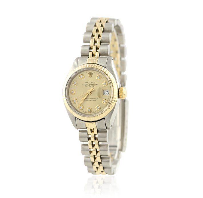 Ladies Rolex DateJust 18KT Yellow Gold and Stainless St: Ladies Rolex DateJust 18KT Yellow Gold and Stainless Steel Wristwatch A4266. Good Condition! MR5461TC. One ladies, hand crafted & machine milled Rolex date just model stainless steel & 18KT yellow gol