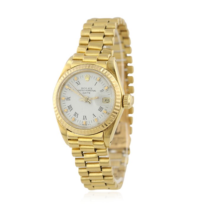 Ladies Rolex Date 18KT Yellow Gold Wristwatch HM104: Ladies Rolex Date 18KT Yellow Gold Wristwatch HM104. Good Condition! OR9063JP. One ladies, hand crafted & machine milled Rolex Date model, wristwatch electronically tested 18KT yellow gold, Circa: 198