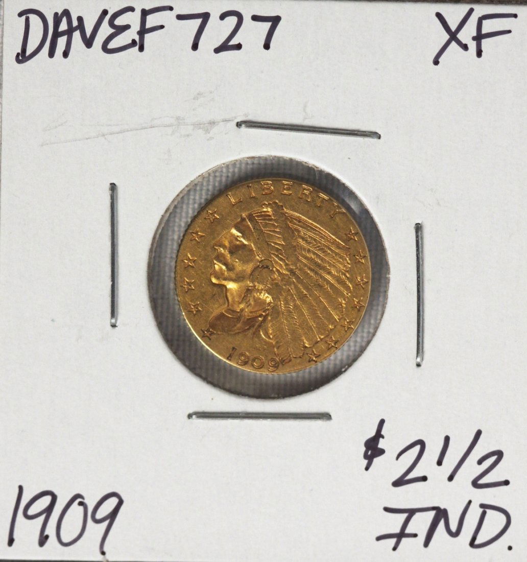 1909 $2 1/2 XF Indian Head Quarter Eagle Gold Coin DAVE: 1909 $2 1/2 XF Indian Head Quarter Eagle Gold Coin DAVEF727. As-is Condition! GH182LU. 1909 $2 1/2 XF Indian Head Quarter Eagle Gold Coin. Thank you for viewing this lot! We are always adding new inve