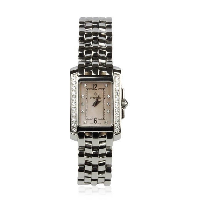 Ladies Concord Sportivo MOP and Diamond Wristwatch GB66: Ladies Concord Sportivo MOP and Diamond Wristwatch GB667. Great Condition! BX955EU. One ladies Concord Sportivo mother of pearl and diamond wristwatch. The watch features: stainless steel case with a 