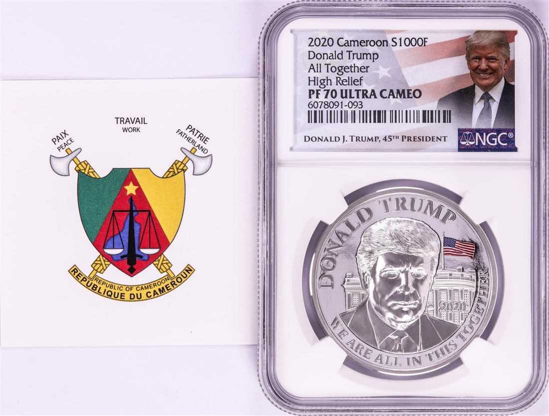 2020 Cameroon S1000F Donald Trump All Together High Relief PF 70 Ultra Cameo 1oz: One 2020 Cameroon S1000F Donald Trump All Together High Relief PF 70 Ultra Cameo 1oz Silver .999 Coin.