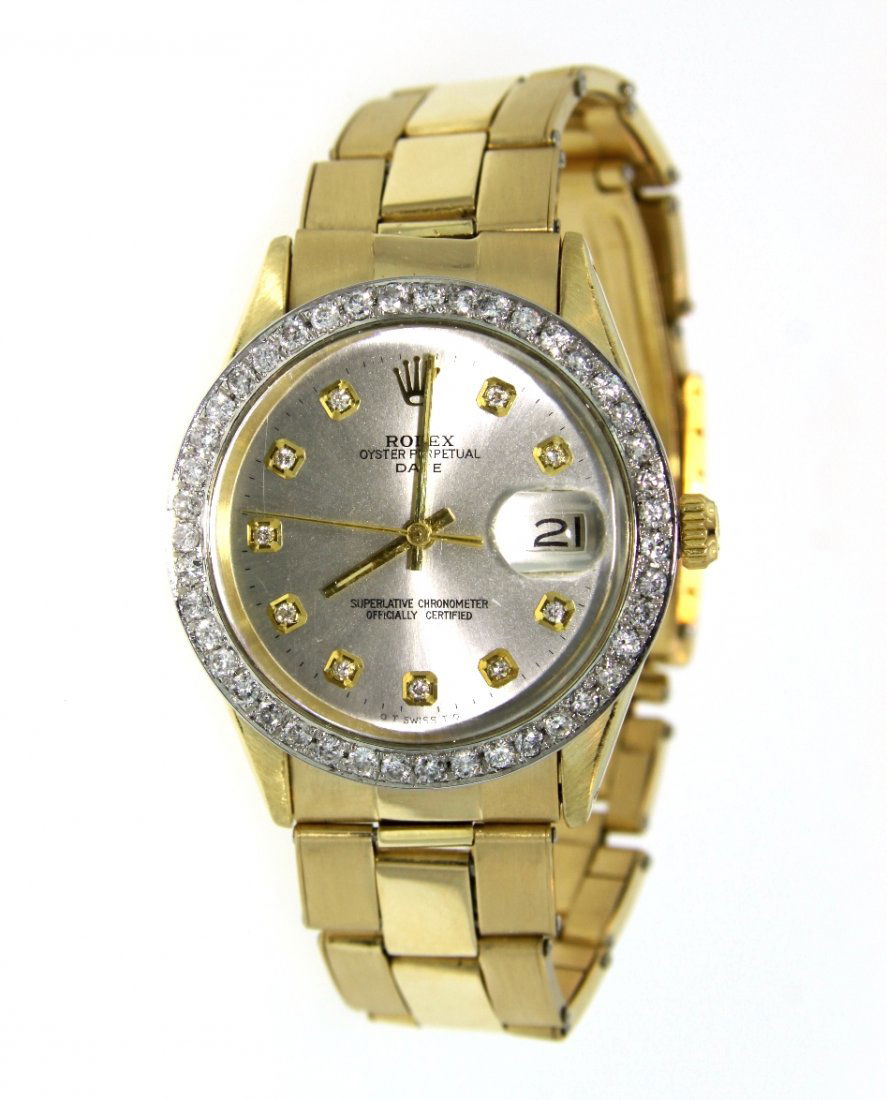 Gents Rolex Date 14KT Yellow Gold and Diamonds Wristwat: Gents Rolex Date 14KT Yellow Gold and Diamonds Wristwatch A3958. Good Condition! DV8305HF. One gents, hand crafted & machine milled Rolex Date Model wristwatch electronically tested 14KT yellow gold,