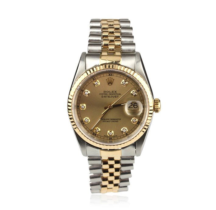 Gents Rolex DateJust Two-Tone with Diamonds Wristwatch : Gents Rolex DateJust Two-Tone with Diamonds Wristwatch GB682. Great Condition! XR1023MP. One gents, hand crafted & machine milled Rolex two-tone DateJust wristwatch electronically tested, Circa: 2000,